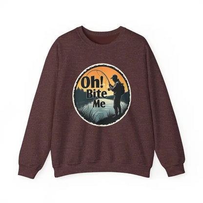 Maroon Oh Bite Me Fishing Crewneck Sweatshirt featuring a fishing graphic design