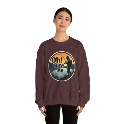 Maroon crewneck sweatshirt for Oh Bite Me Fishing with a stylish design