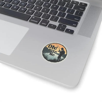 Durable vinyl decal featuring a round fishing sticker with Oh Bite Me design