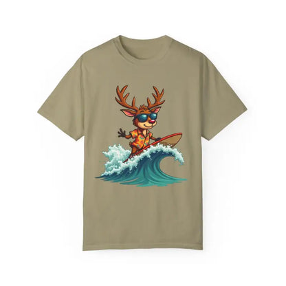 Khaki T-shirt featuring a surfing reindeer graphic from the Orange Surfing Reindeer collection