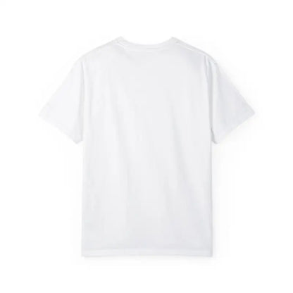White short-sleeved t-shirt featuring an Orange Surfing Reindeer graphic design