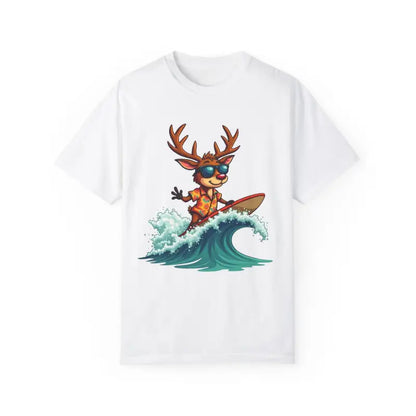 White t-shirt featuring a surfing reindeer design from the Orange Surfing Reindeer collection