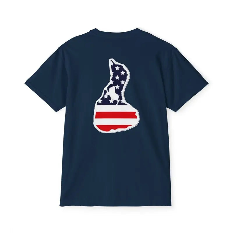 Navy blue unisex t-shirt featuring American flag island graphic from Patriotic Collection