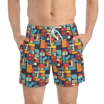 Men’s patterned swim trunks showcasing vibrant designs for stylish summer wear
