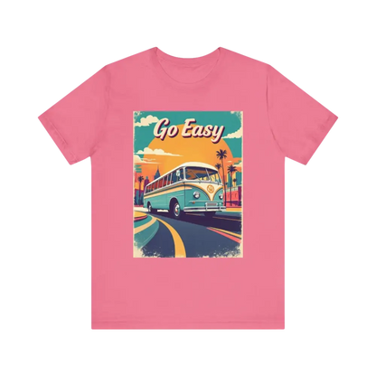 Pink Peach Retro Bus Unisex Jersey Tee featuring a vibrant bus graphic design