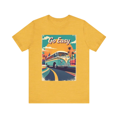 Mustard-colored Peach Retro Bus Unisex Jersey Tee featuring a vintage bus graphic