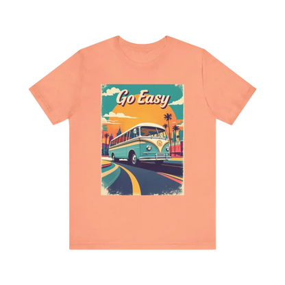Peach Retro Bus Unisex Jersey Tee featuring a vintage bus graphic on a peach shirt