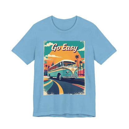 Light blue Peach Retro Bus Unisex Jersey Tee featuring a vintage bus graphic