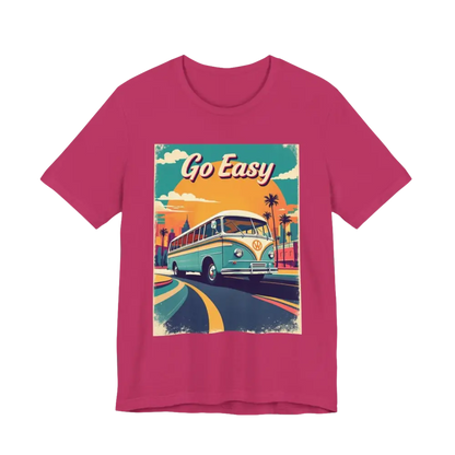 Magenta t-shirt featuring a bus graphic from the Peach Retro Bus Unisex Jersey Tee