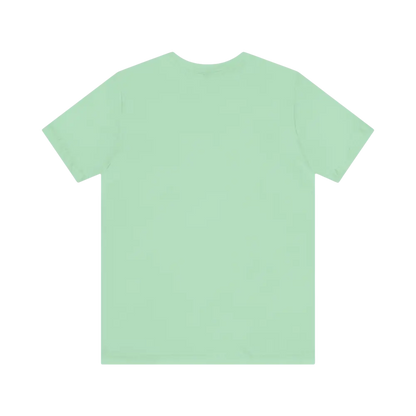 Mint green t-shirt featuring Peach Retro Bus design for unisex wear