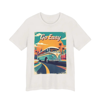 White t-shirt featuring a retro bus graphic from the Peach Retro Bus Unisex Jersey Tee