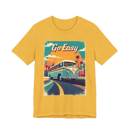 Yellow t-shirt featuring bus graphic from Peach Retro Bus Unisex Jersey Tee