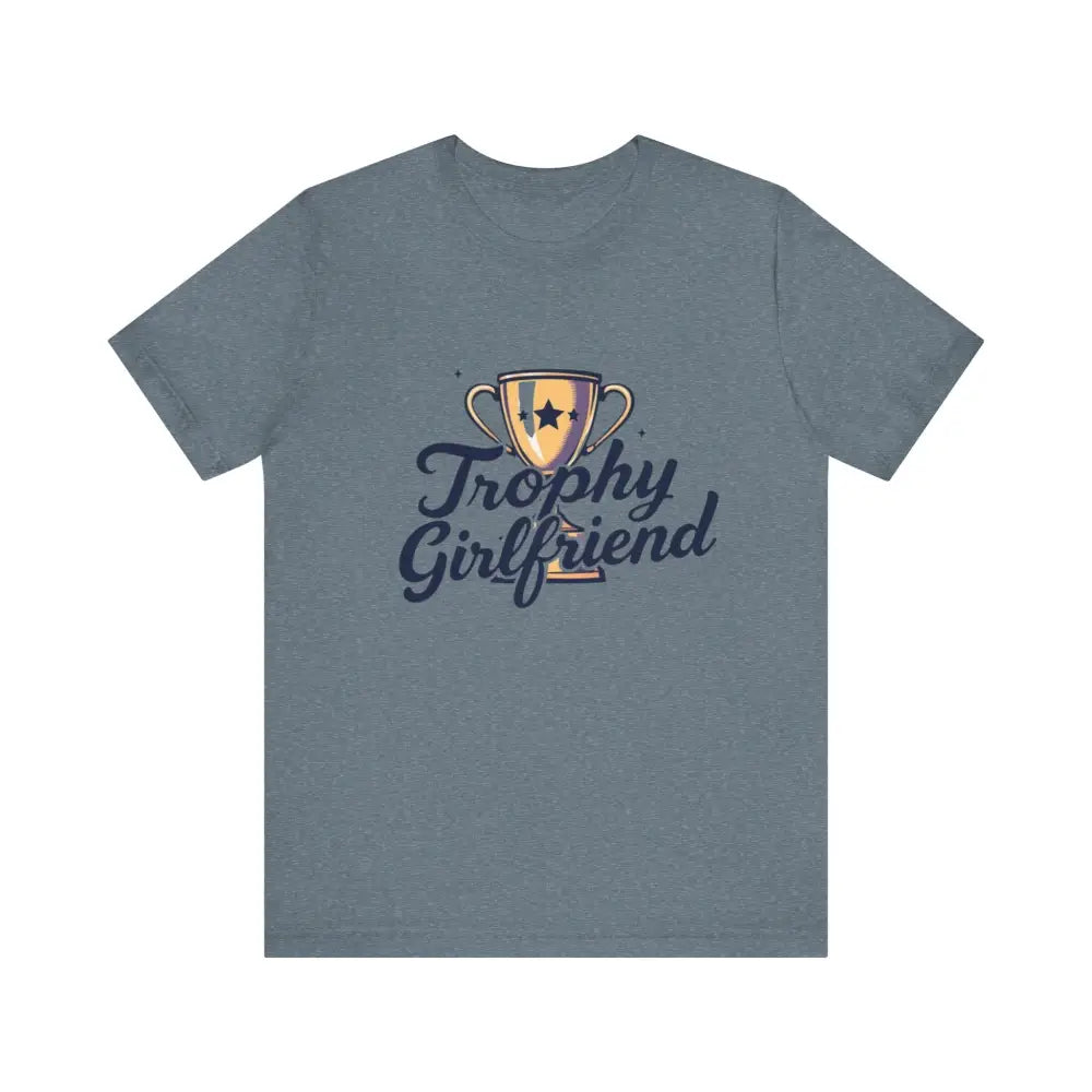 Gray t-shirt featuring Trophy Girlfriend design from Peach’s unisex collection