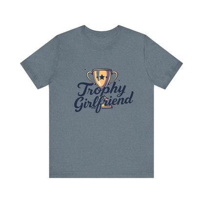 Gray t-shirt featuring Trophy Girlfriend design from Peach’s unisex collection