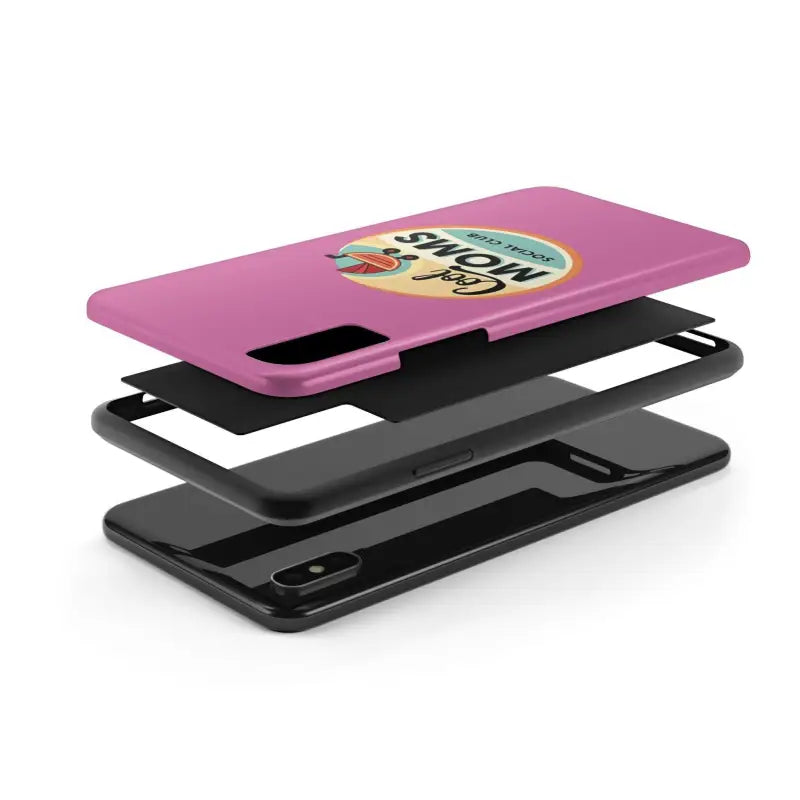 Exploded view of Pink iPhone 16 Tough Phone Case with Cool Moms Social Club Design