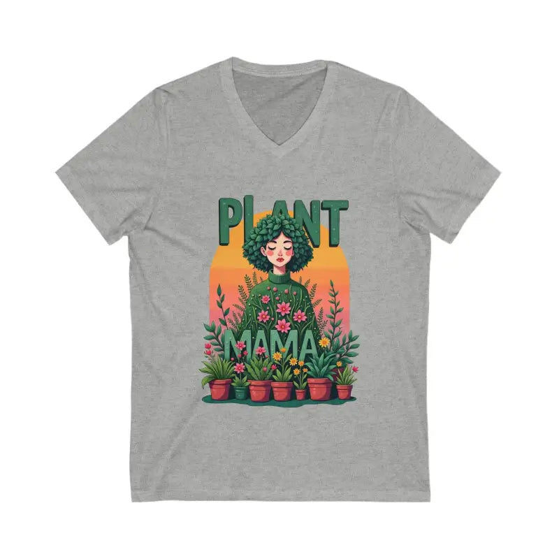 Gray V-neck t-shirt featuring Plant Mama design for botanical enthusiasts