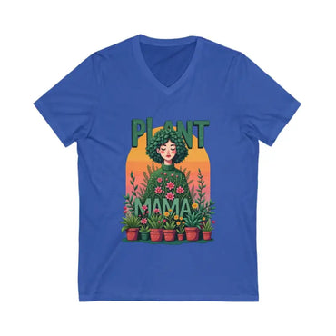 Blue V-neck t-shirt featuring Plant Mama design for plant enthusiasts