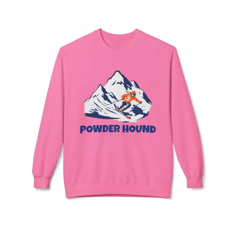 Pink Powder Hound Sweatshirt featuring a mountain graphic for winter sports enthusiasts