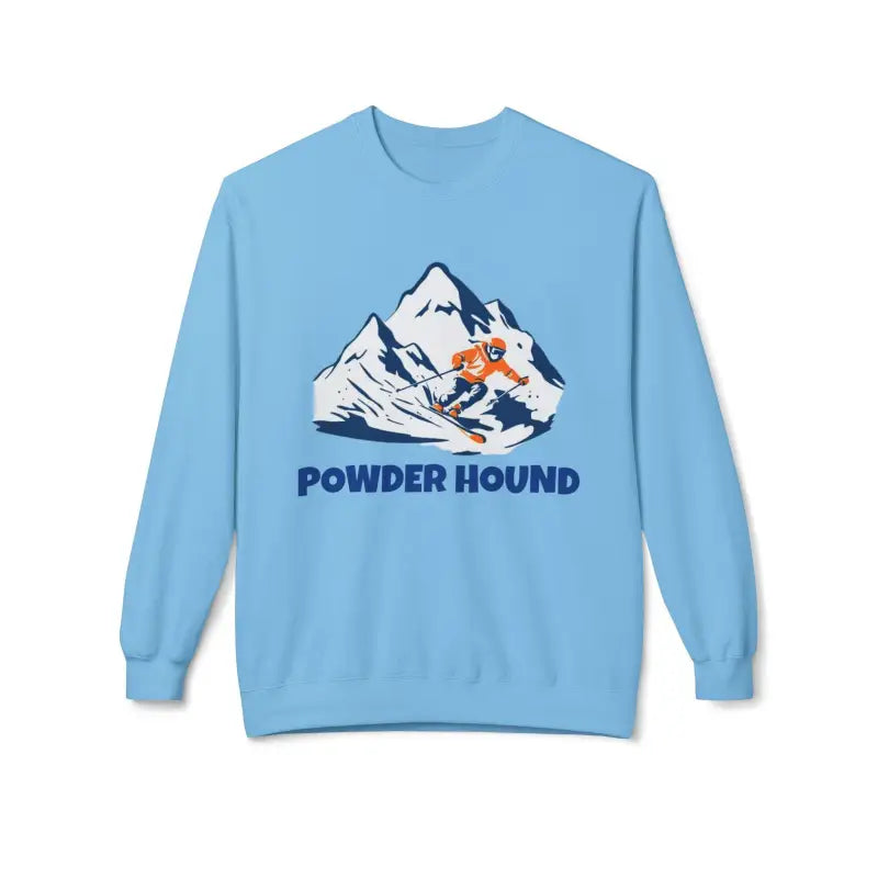 Light blue Powder Hound sweatshirt featuring a skier graphic for winter sports enthusiasts