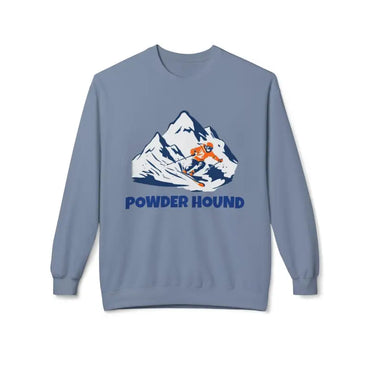 Blue Powder Hound sweatshirt featuring a skier graphic for winter sports enthusiasts