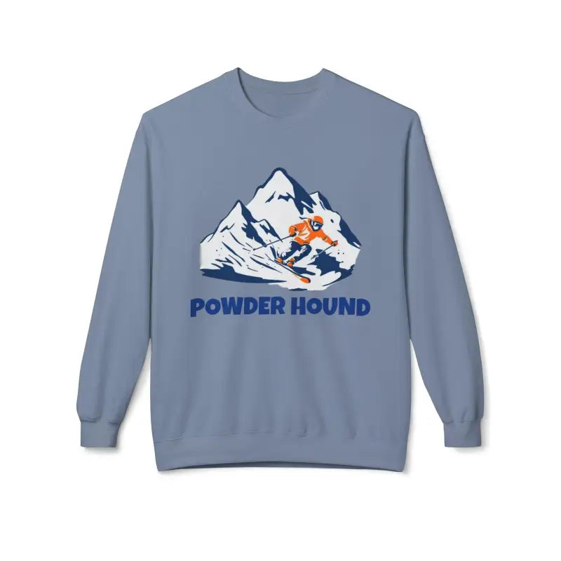 Blue Powder Hound sweatshirt featuring a skier graphic for winter sports enthusiasts