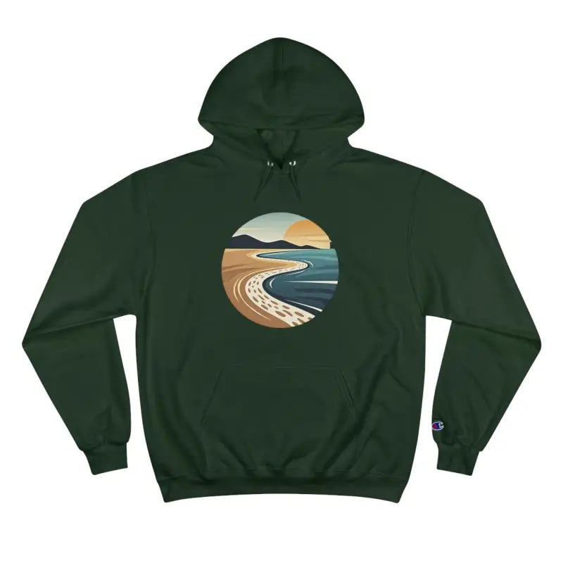 Green hoodie featuring a vibrant beach scene from the Private Beach Club collection