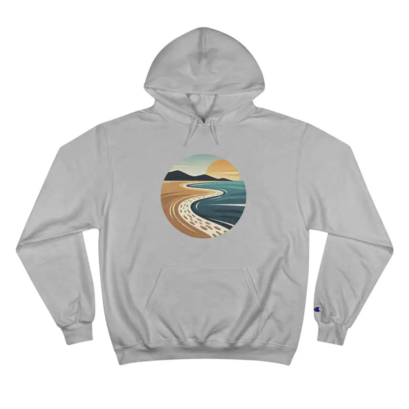 Gray hooded sweatshirt featuring a vibrant beach scene from Private Beach Club