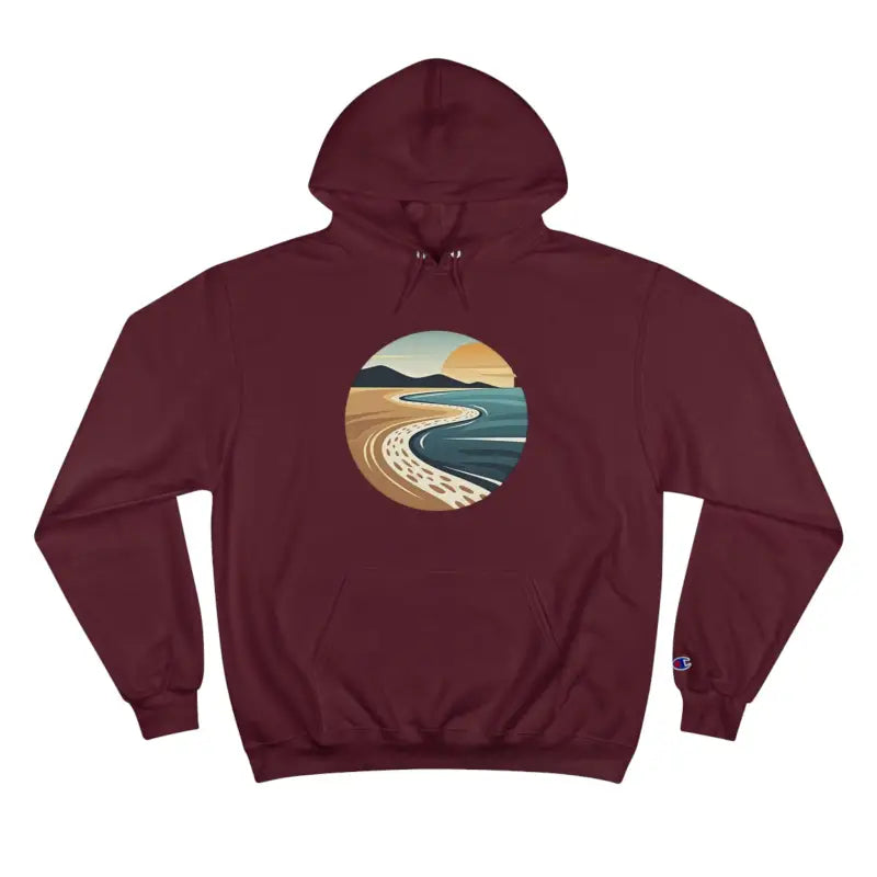 Maroon hoodie featuring a scenic beach design from Private Beach Club Coastal Hoodie