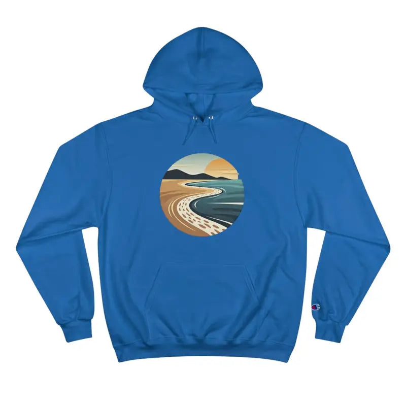 Blue hoodie featuring a vibrant beach scene from the Private Beach Club collection