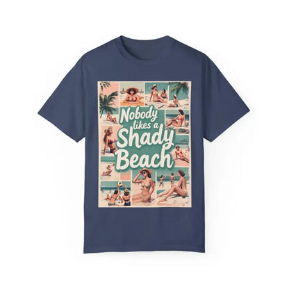 Blue t-shirt featuring a vibrant beach collage, ideal for summer fashion