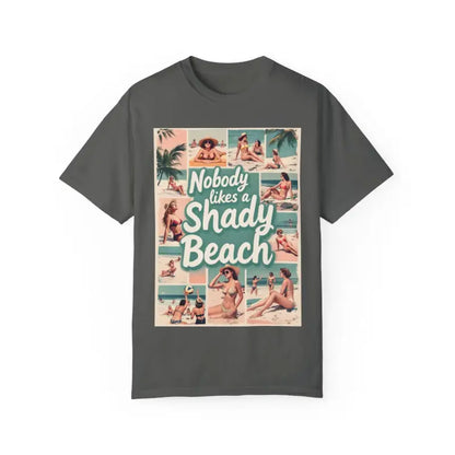 Gray Retro Beach Collage T Shirt featuring a vibrant beach-themed graphic design