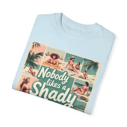 Light blue Retro Beach Collage T Shirt featuring a vibrant beach scene graphic