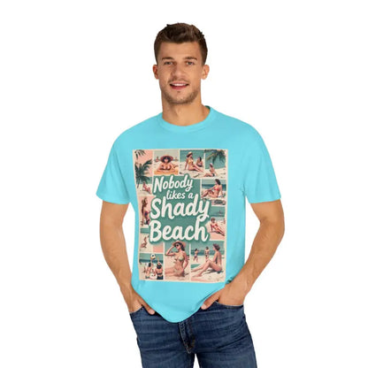 Light blue Retro Beach Collage T Shirt featuring vibrant beach-themed graphics