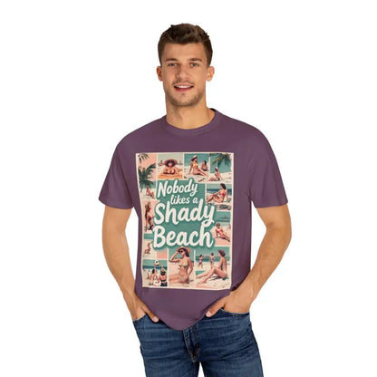 Purple Retro Beach Collage T Shirt featuring a vibrant beach-themed design