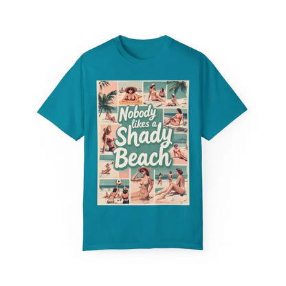 Teal Retro Beach Collage T Shirt featuring a vibrant seaside graphic design