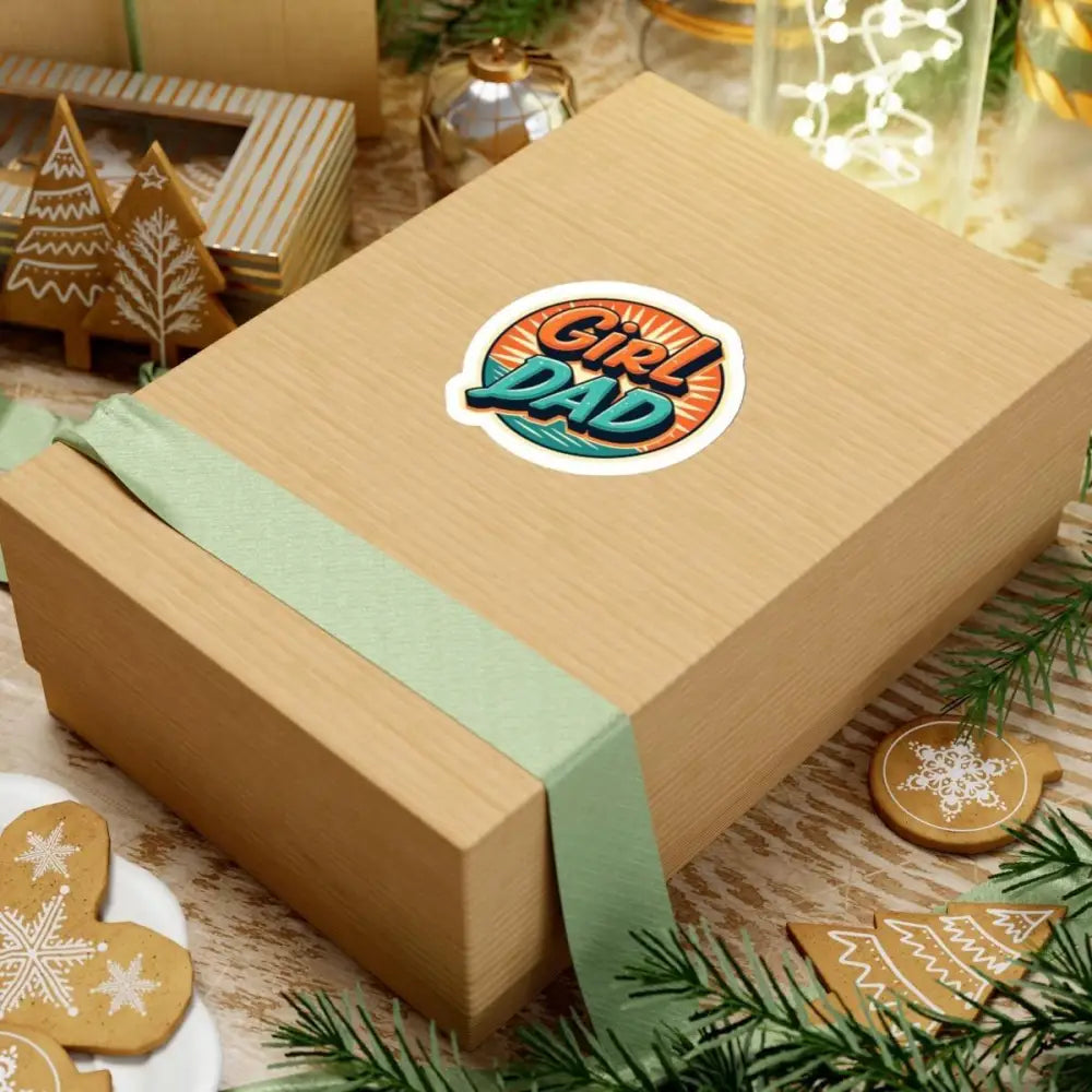 Wrapped gift box for Retro Girl Dad Sticker with Sunburst Design displayed attractively
