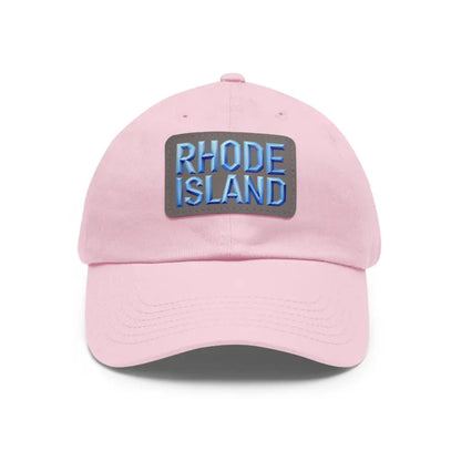 Pink baseball cap featuring a Rhode Island patch from Rhode Island Baseball Caps and Dad Hats