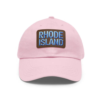 Pink baseball cap featuring a Rhode Island patch suitable for casual wear