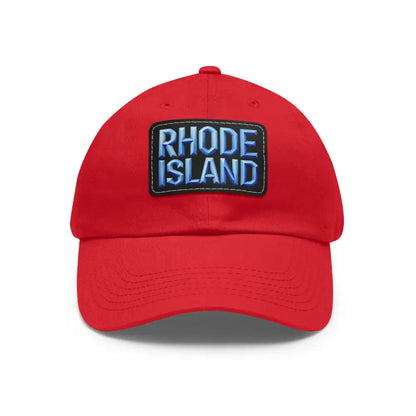 Red baseball cap featuring Rhode Island patch from Rhode Island Baseball Caps and Dad Hats