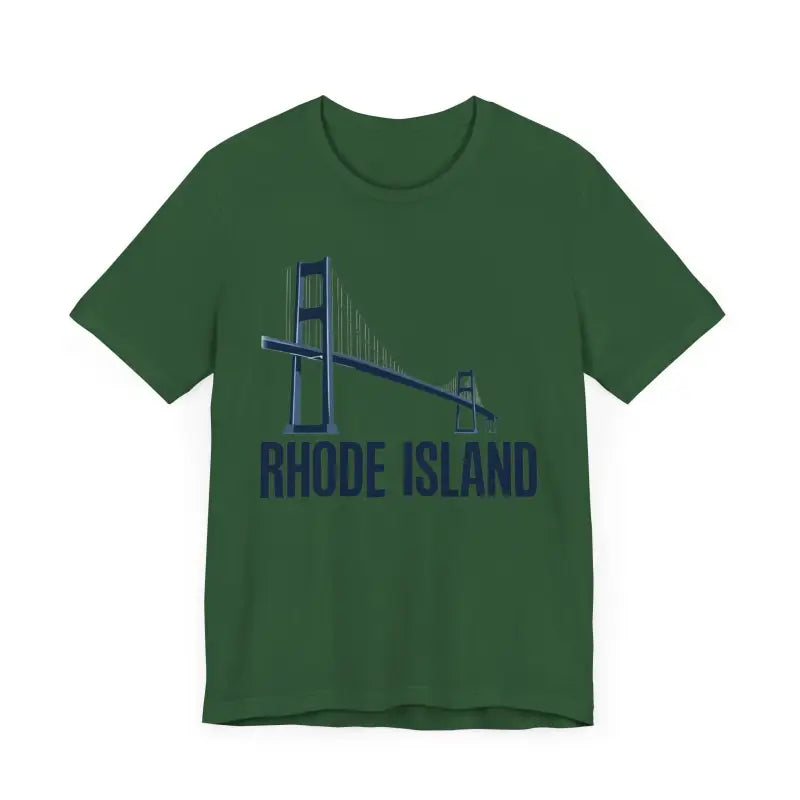 Green Rhode Island Bridge Graphic Tee unisex short sleeve t-shirt displayed on a hanger