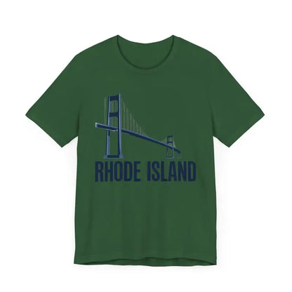 Green Rhode Island Bridge Graphic Tee unisex short sleeve t-shirt displayed on a hanger