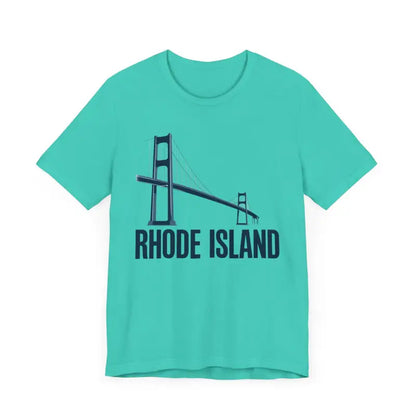 Teal unisex short sleeve t-shirt featuring Rhode Island bridge graphic design