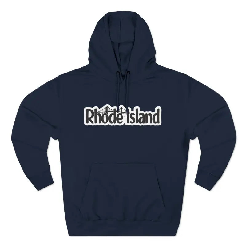 Navy blue hoodie featuring Rhode Island graphic, ideal for casual wear and style
