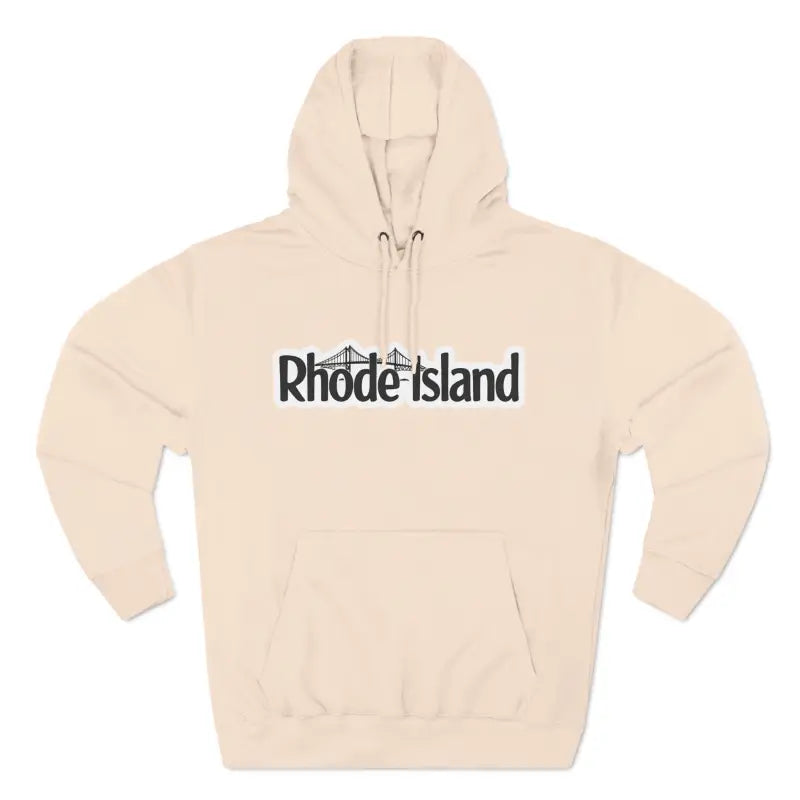 Beige hoodie featuring Rhode Island text in stylish design for casual wear