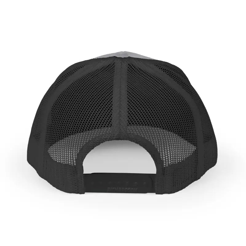 Black mesh trucker hat featuring Rhode Island embroidery on a snapback design