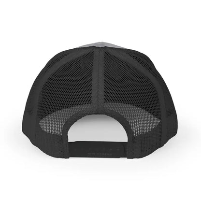 Black mesh trucker hat featuring Rhode Island embroidery on a snapback design