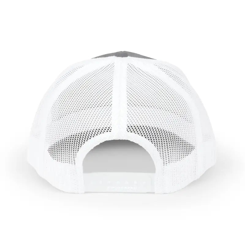 Gray and white mesh baseball cap featuring Rhode Island embroidery, snapback trucker style