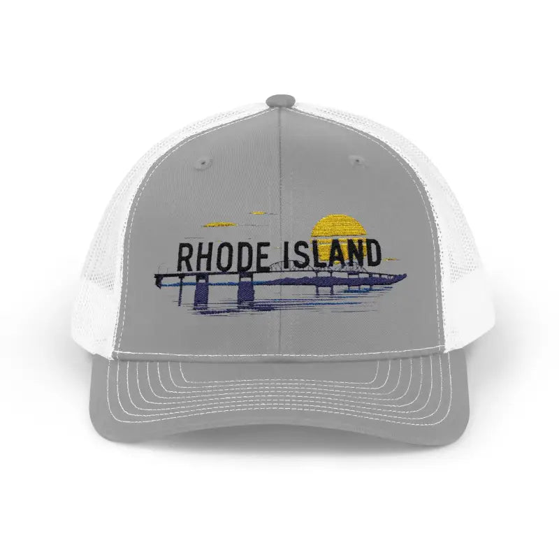 Gray and white Rhode Island Embroidered Snapback Trucker Cap displayed