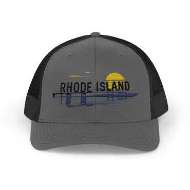 Gray and black Rhode Island Embroidered Snapback Trucker Cap showcasing stylish design