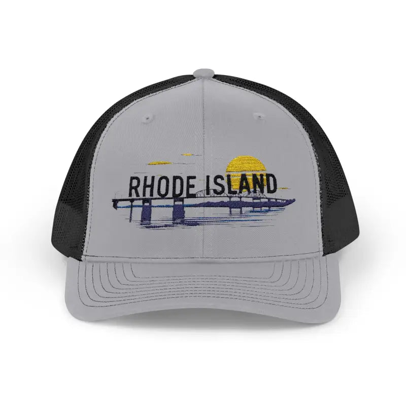 Gray and black Rhode Island Embroidered Snapback Trucker Cap displayed on a neutral background